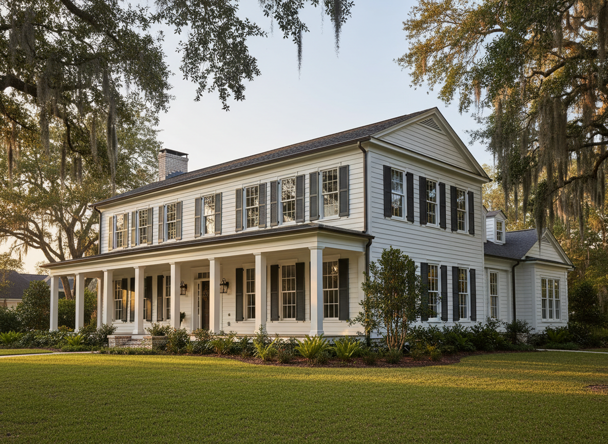 A meticulously renovated Southern-style residence designed by Ellen McFarland, featuring a symmetrical façade with crisp white clapboard siding, deep charcoal shutters, and a broad front porch supported by square, tapered columns. The home sits slightly elevated above a manicured lawn framed by native Louisiana plantings and moss-draped live oaks suggestive of Saint Francisville. Warm late-afternoon sunlight washes across the façade, accenting the fine trim work and casting gentle shadows beneath the porch roof. Photographed from an eye-level, three-quarter angle, the composition captures the full front elevation and a hint of side volume, with sharp focus and photographic realism. The atmosphere feels dignified and welcoming, highlighting the architect’s refined, sophisticated approach to residential design.