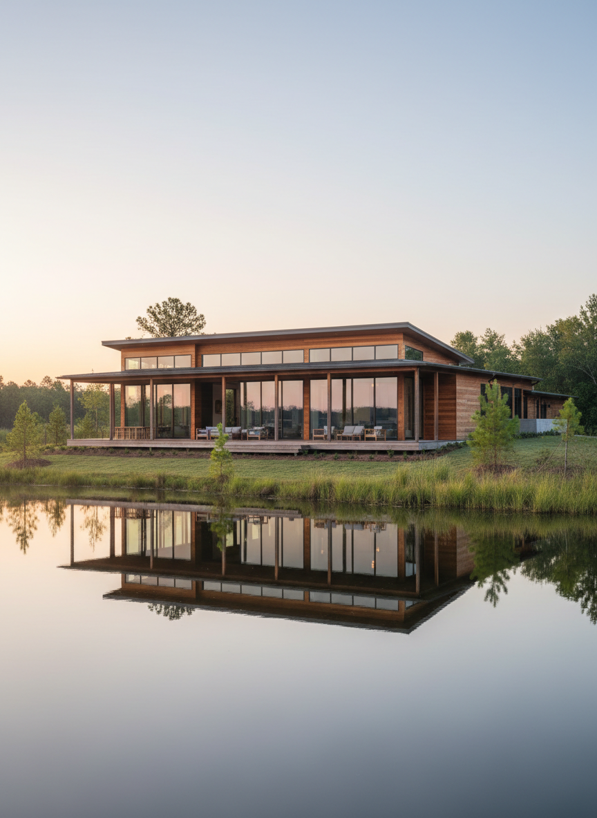 A polished, professional exterior photograph of a lakeside retreat designed by Ellen McFarland near Saint Francisville. The home showcases a restrained modern Southern aesthetic, with horizontal cypress siding, expansive floor-to-ceiling windows, and a broad, shaded terrace facing the calm water. A low, gently pitched metal roof extends to create deep overhangs, and the building sits on a subtly elevated platform above a grassy slope populated with native reeds and small pines. Captured at sunrise, cool, soft light reflects off the lake, casting a gentle glow on the façade and creating mirrored silhouettes in the water. Shot from a slightly elevated distance with a wide-angle lens, the composition includes the full building and its reflection, rendered in precise photographic realism. The scene feels serene and sophisticated, highlighting the harmonious relationship between architecture and its Louisiana landscape.