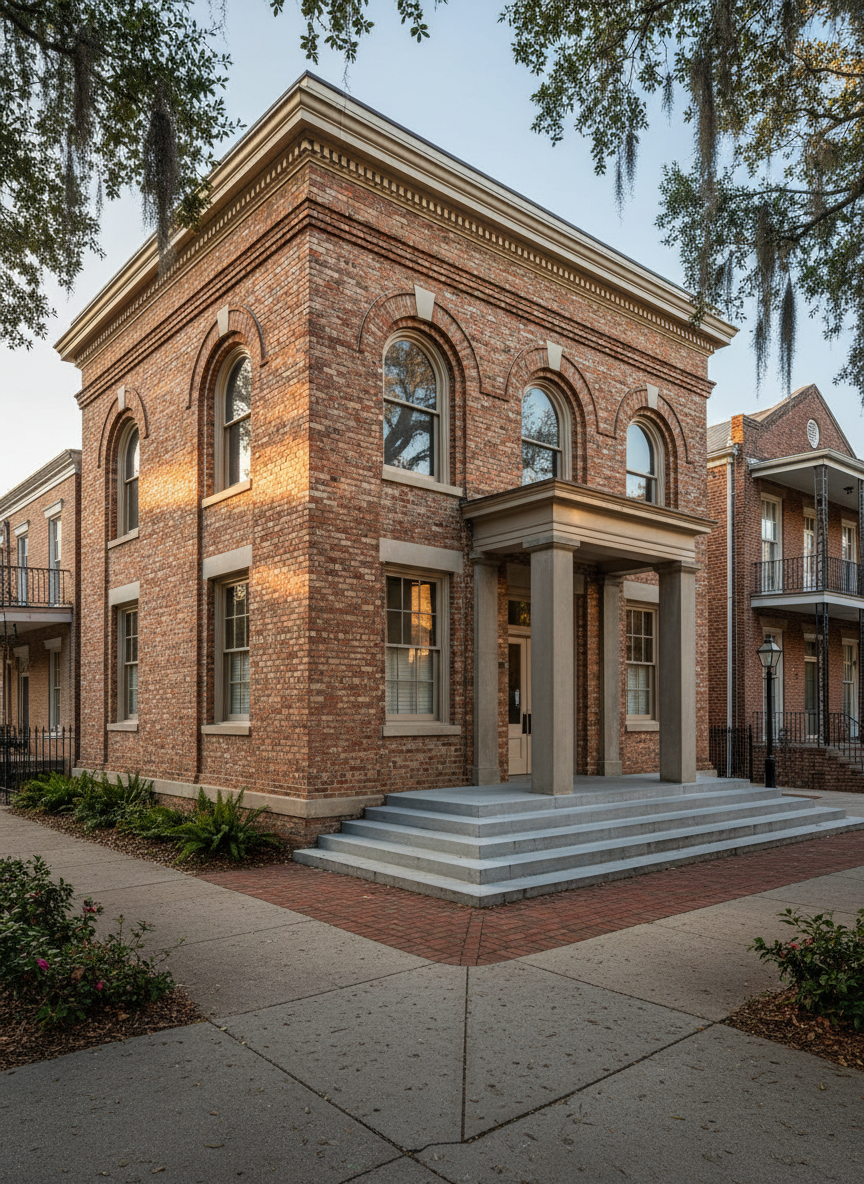 A stately civic-style building in Saint Francisville reimagined by Ellen McFarland, featuring brick construction in earthy red tones, tall arched openings, and a restrained classical cornice. The main entrance is framed by a shallow portico with simple square columns and a smooth concrete stoop, leading to broad steps that form a welcoming threshold. The surrounding streetscape includes narrow sidewalks, low plantings, and glimpses of neighboring historic structures. Captured during golden hour, warm sunlight grazes the brick surface, revealing subtle variation in color and texture, while long shadows add depth to the façade articulation. The eye-level, slightly off-center composition emphasizes the main elevation and corner detail, with sharp focus and clean photographic realism. The mood is dignified and quietly monumental, reflecting a sophisticated architectural presence within the small-town Louisiana context.