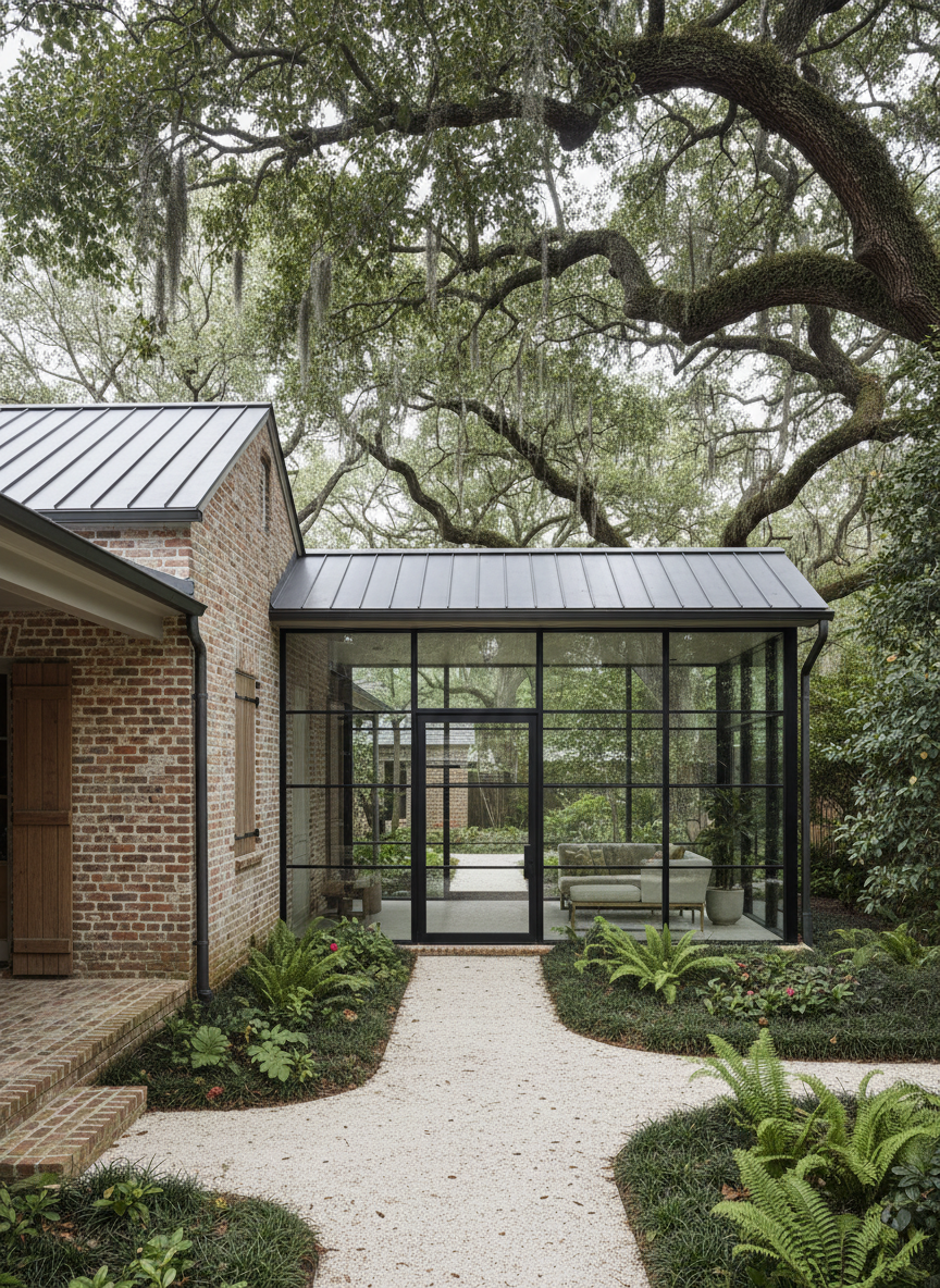 An elegant, contemporary addition to a traditional Louisiana cottage, showcasing Ellen McFarland's nuanced blend of old and new.