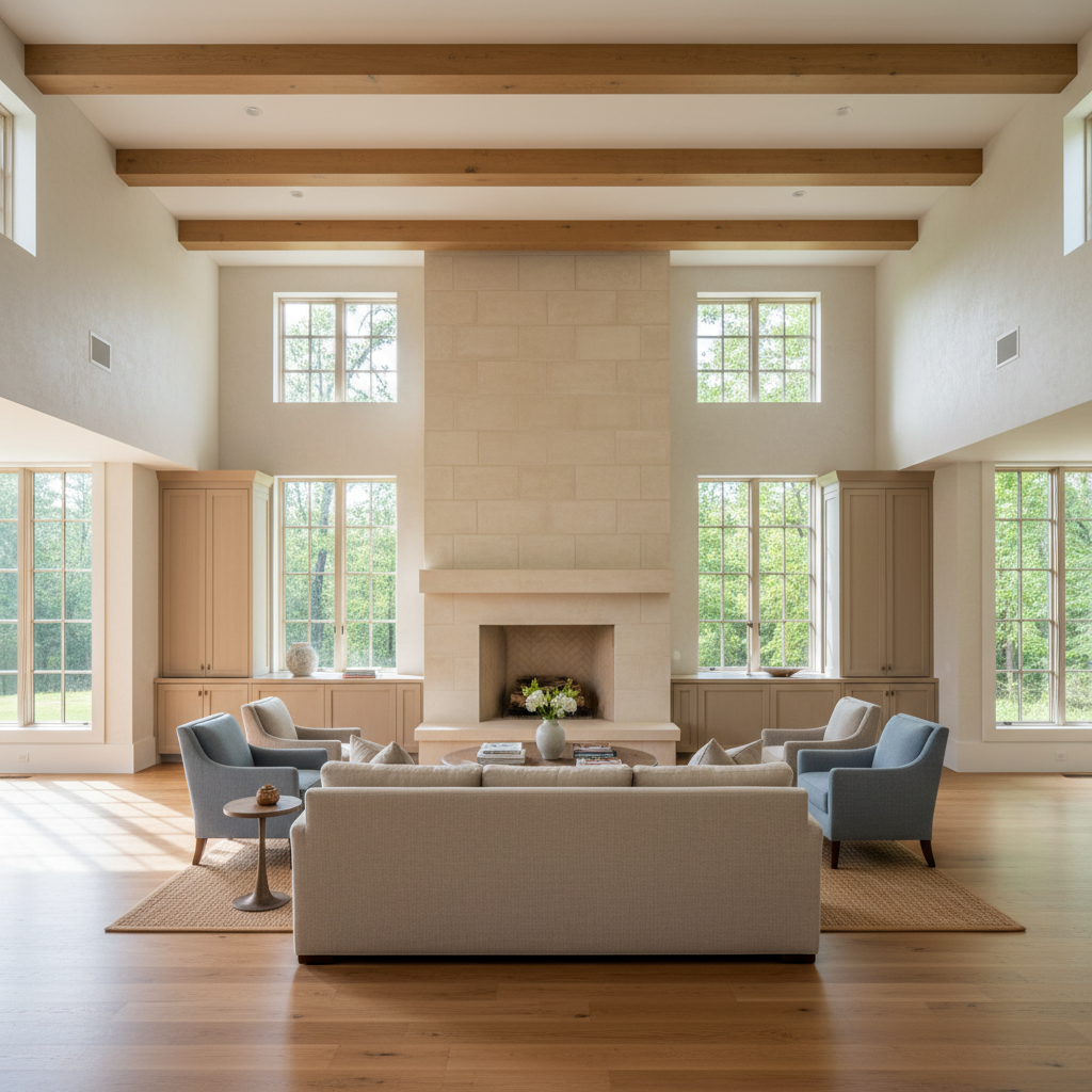 A refined, light-filled interior of a custom Louisiana home designed by Ellen McFarland, focusing on an open living space with high, beamed ceilings and tall windows overlooking a verdant Saint Francisville landscape. The room features subtly textured off-white walls, wide-plank oak flooring in a warm honey tone, and built-in cabinetry with understated panel detailing. A central masonry fireplace with smooth limestone surround anchors the composition. Late-morning natural light streams in from the left, producing soft highlights along the beams and delicate shadows at the baseboards. Shot from an eye-level perspective with wide-angle framing, the image captures the entire room in crisp photographic realism, evoking a serene, sophisticated atmosphere. The emphasis is on clean lines, harmonious proportions, and the gentle dialogue between architecture and surrounding nature.