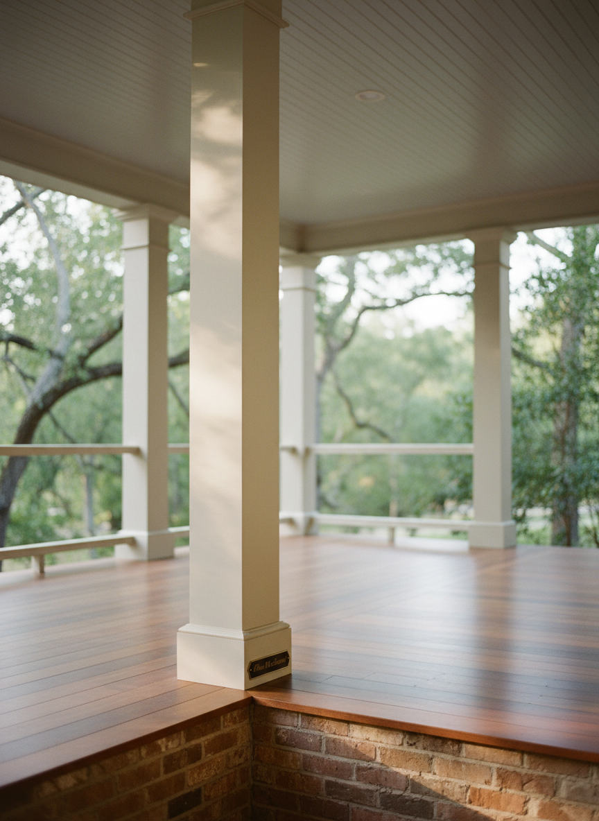 A carefully composed architectural detail shot highlighting Ellen McFarland’s craftsmanship: the corner of a deep, wraparound porch on a custom home in Saint Francisville. The image focuses on the junction of smooth, painted wood columns, finely milled handrails, and tongue-and-groove porch ceiling boards, all in muted off-white tones. Beneath, the porch floor is constructed of dense hardwood planks with a subtle satin finish, transitioning to a low brick pier foundation with warm, variegated hues. Late-afternoon sunlight filters through nearby trees, creating dappled patterns across the surfaces and emphasizing the tactile quality of the materials. Captured from a low, close-up angle, the composition uses shallow depth of field to keep the joinery in sharp focus while softly blurring the leafy Louisiana landscape beyond. The mood is intimate and quietly luxurious, underscoring sophisticated attention to detail.